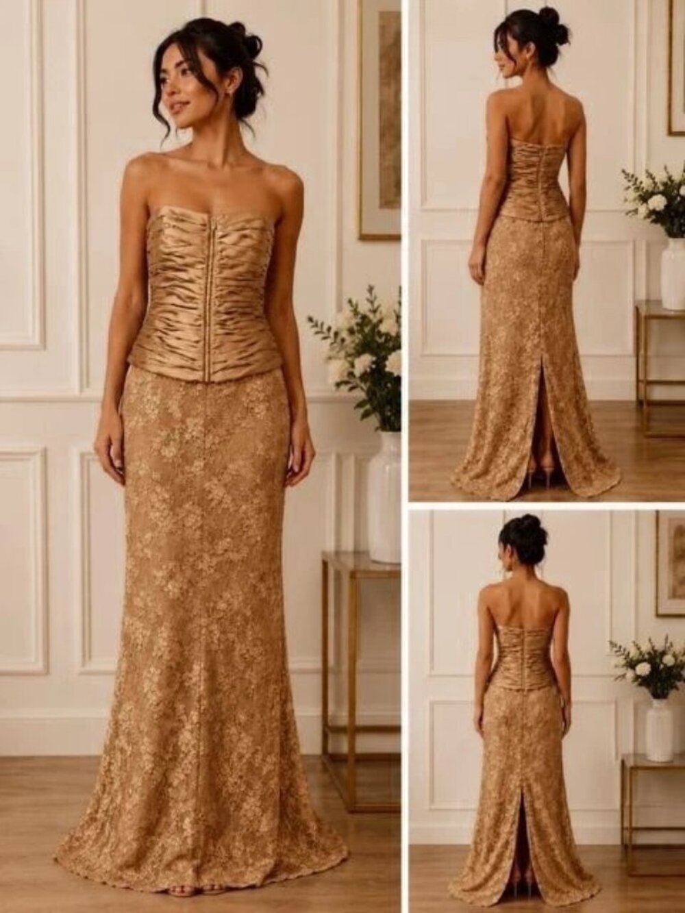 Montage By Mon Cheri Caramel Mocha Strapless Embroidered Lace Gown